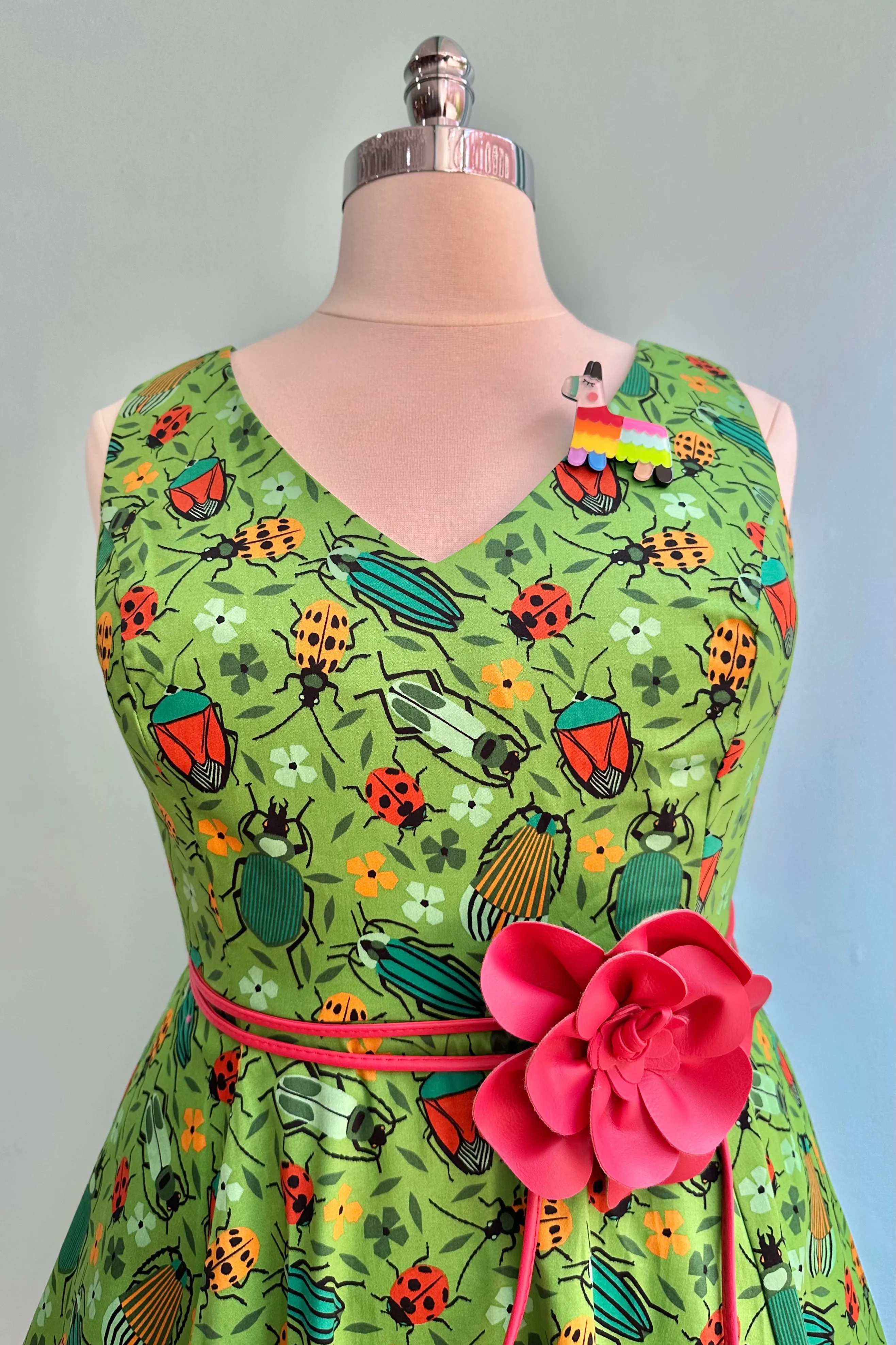 Green Bug V-Neck Dress by Eva Rose