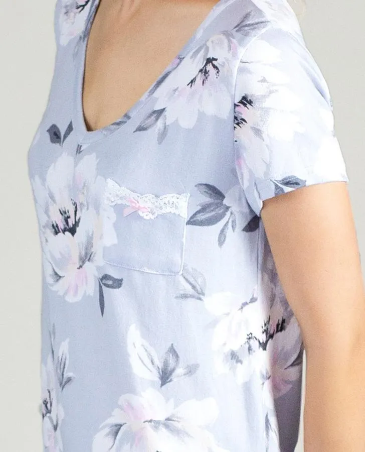 Grey Painted Floral Print V-Neck Sleepshirt