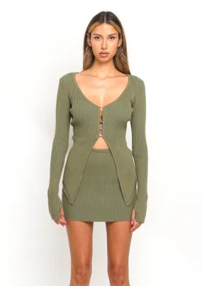 It's a Must Cardigan & Mini Skirt Set in Olive