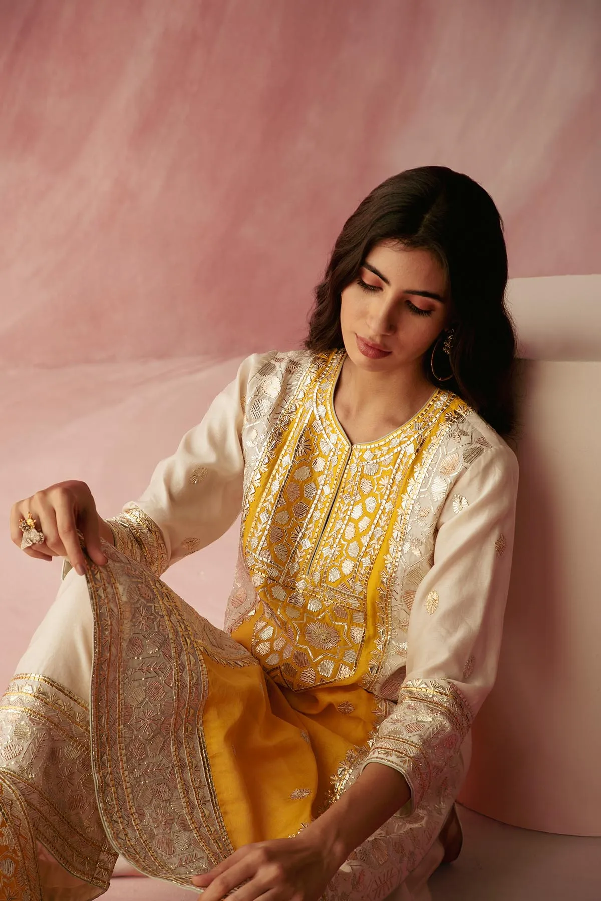 Ivory & Yellow Color Block Kurta Set