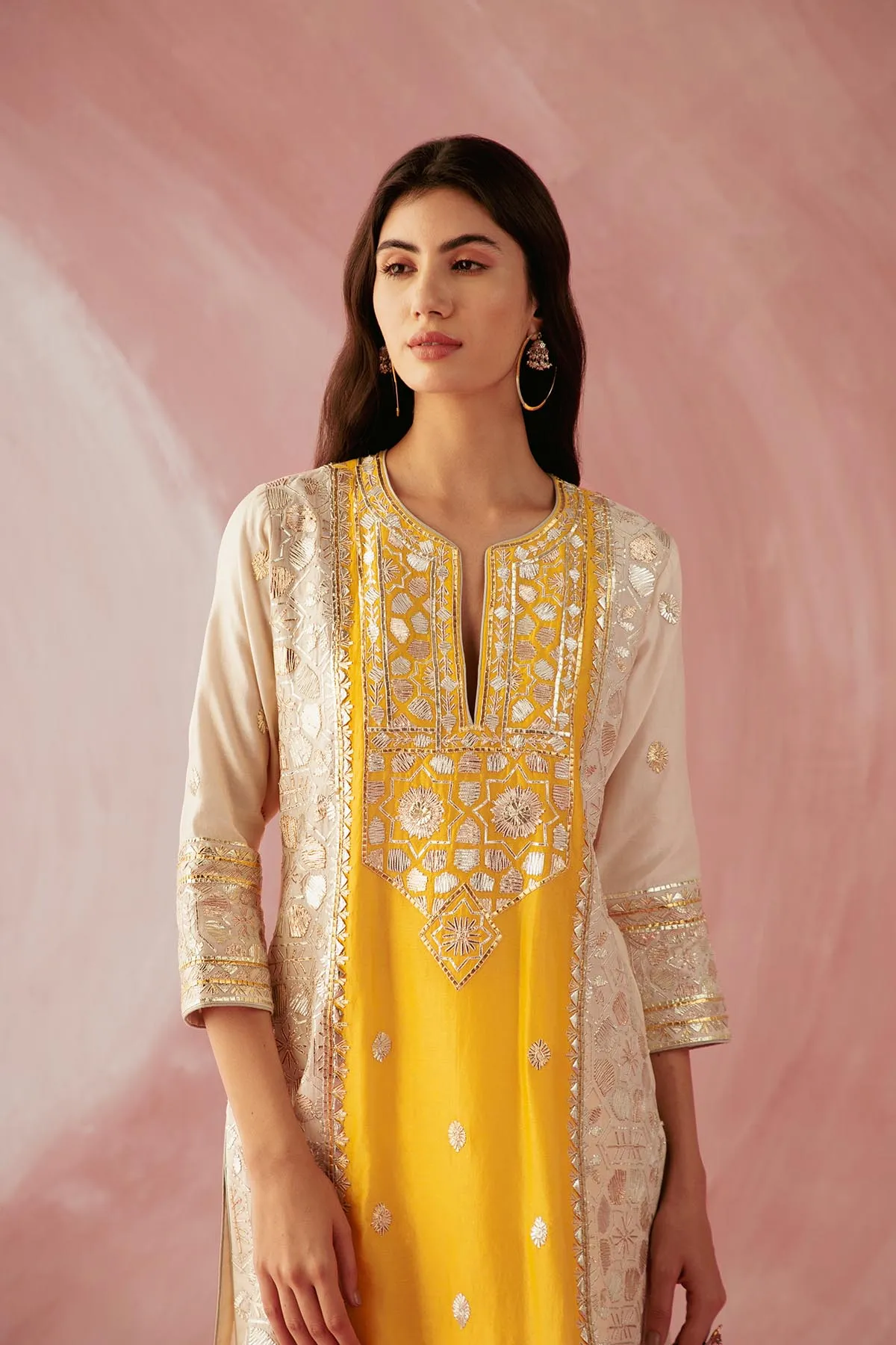 Ivory & Yellow Color Block Kurta Set