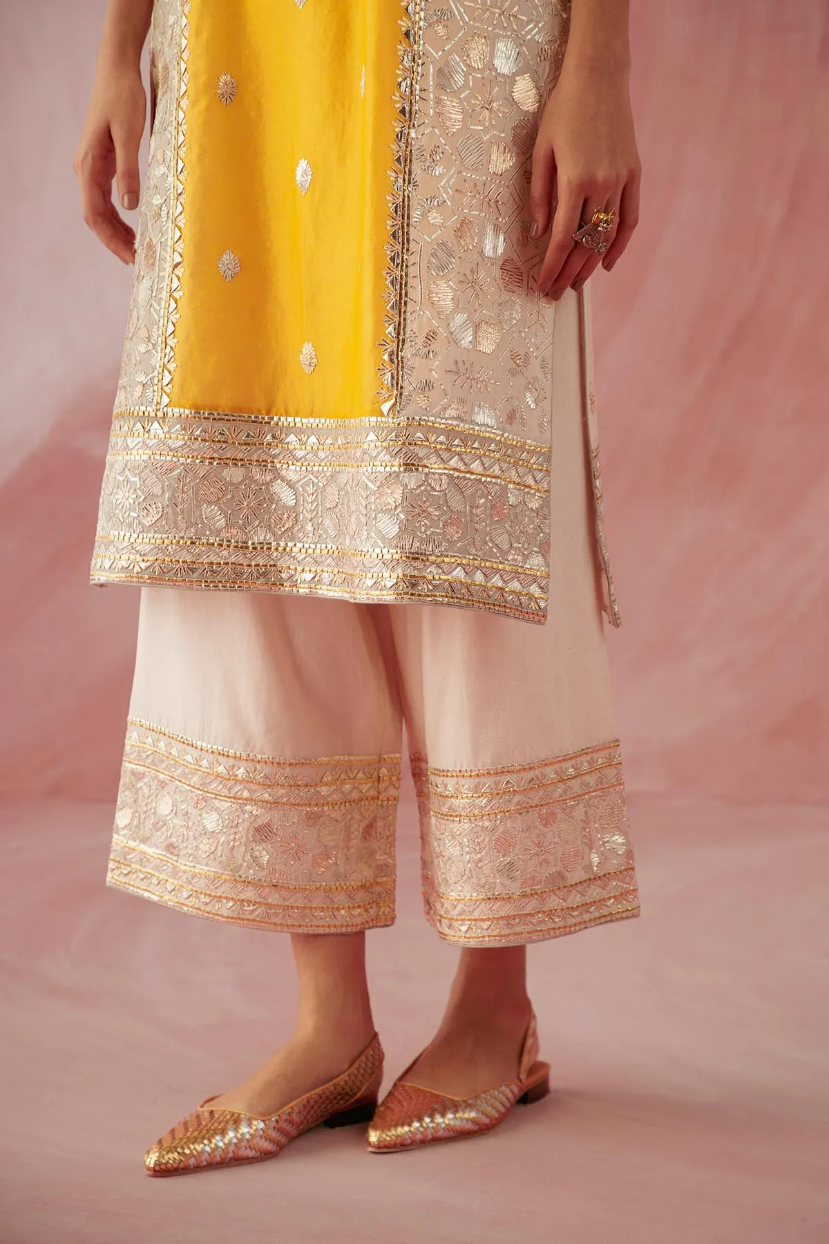 Ivory & Yellow Color Block Kurta Set