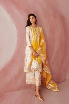 Ivory & Yellow Color Block Kurta Set