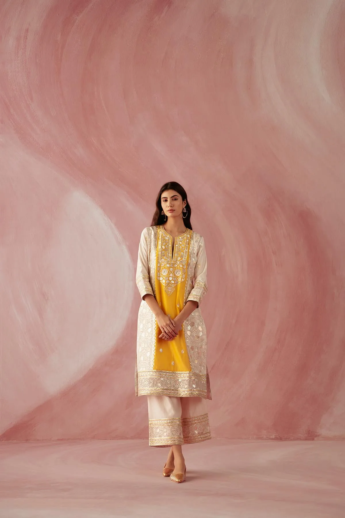 Ivory & Yellow Color Block Kurta Set