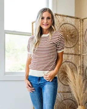 Jillian Striped Short Sleeve Sweater - Mocha & Cream