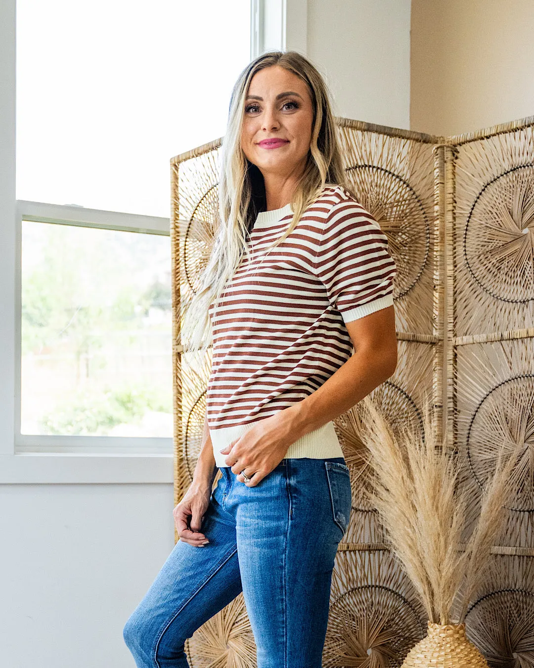 Jillian Striped Short Sleeve Sweater - Mocha & Cream