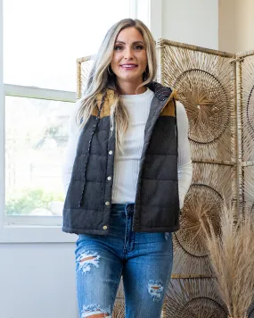 Joey Color Block Puffer Vest - Charcoal & Dijon