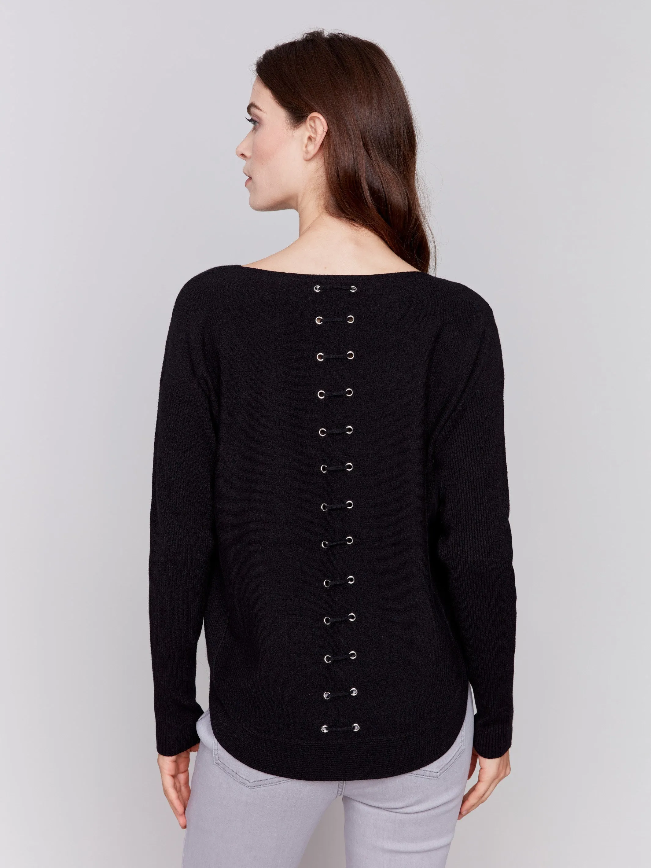 Knit Sweater with Back Detail Lace-Up - Black