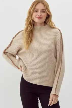 Ribbed Contrast Stitching Knit Pullover Top