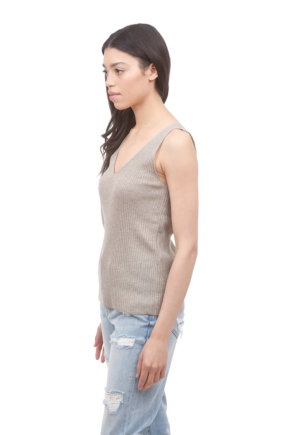 Ribbed V Sweater Tank, Taupe