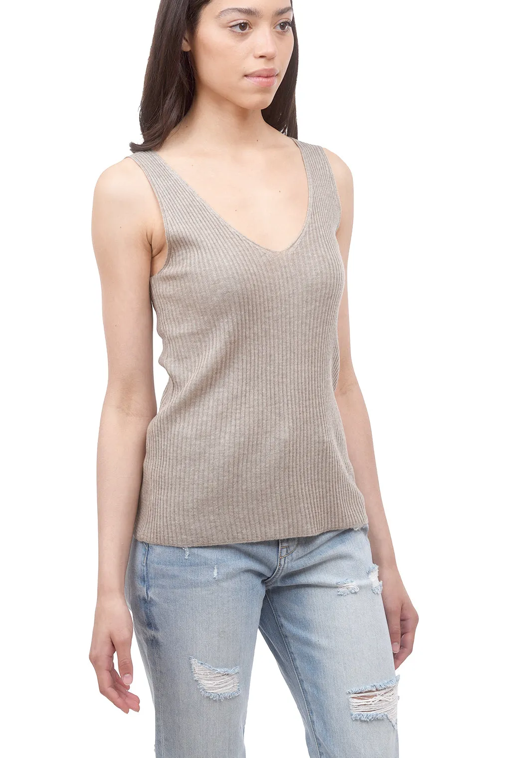 Ribbed V Sweater Tank, Taupe