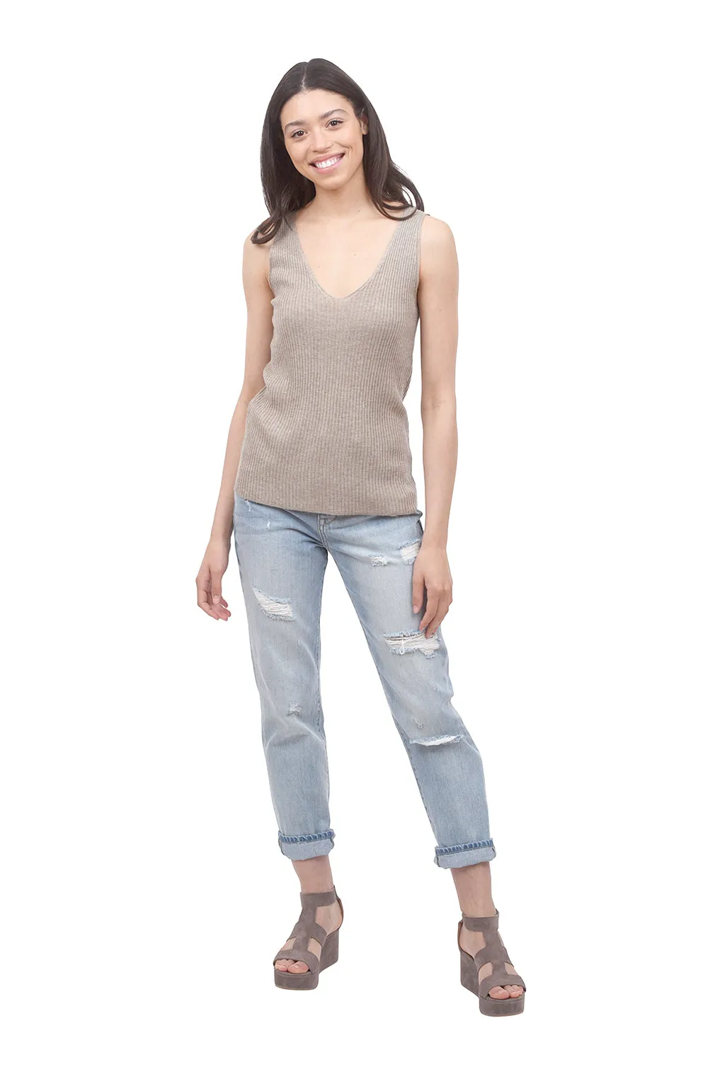 Ribbed V Sweater Tank, Taupe