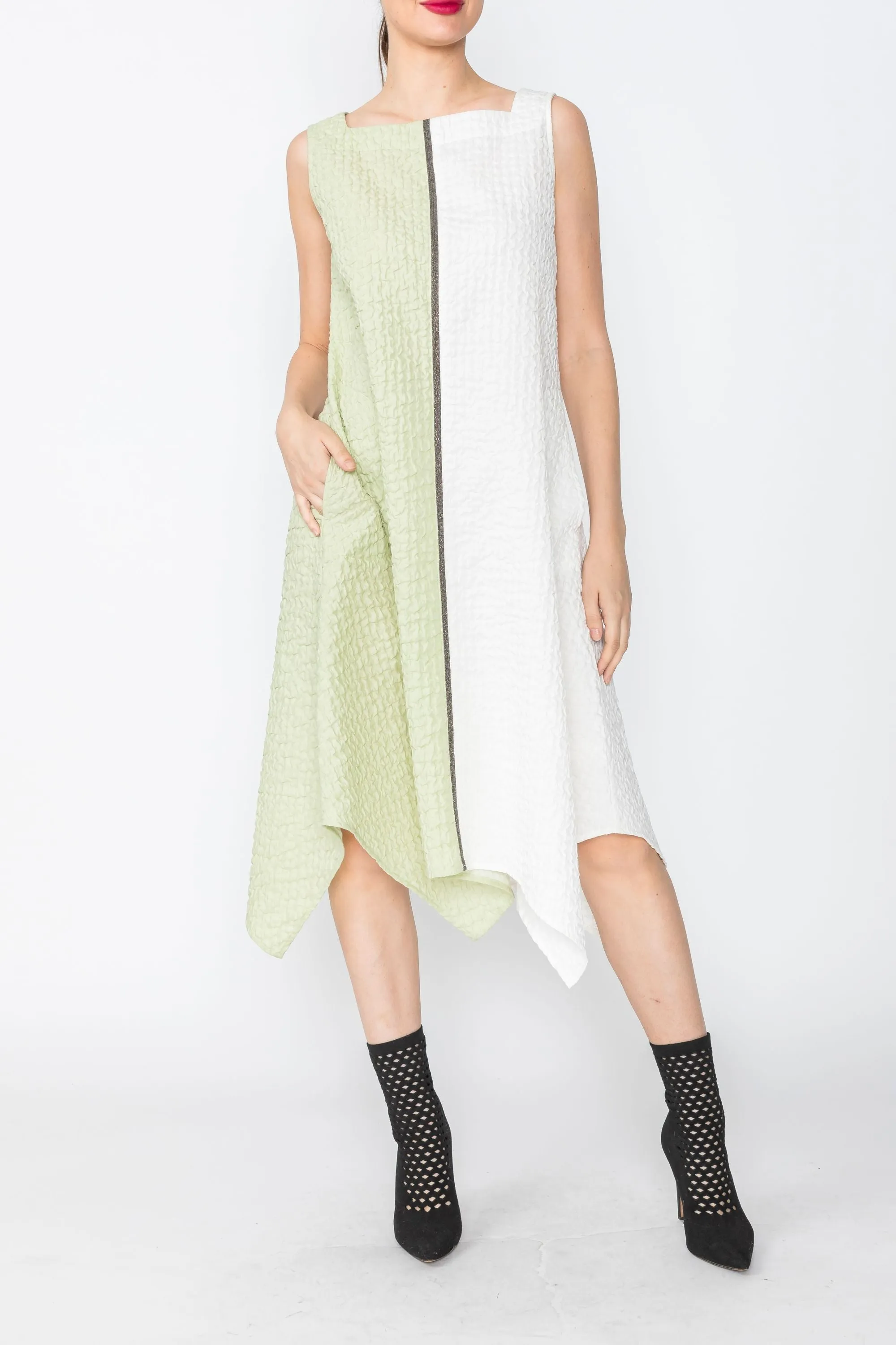 Sage/White Color-Block Square Neck Dress