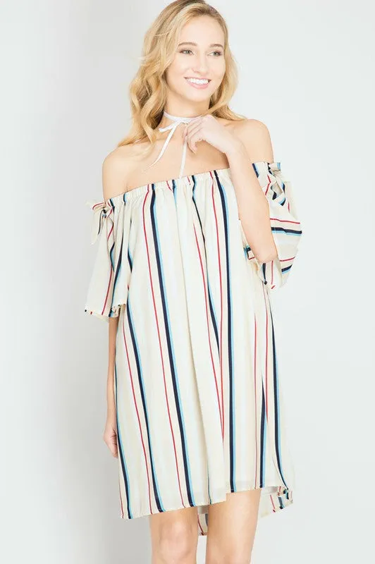 Striped Off Shoulder Silk Dress