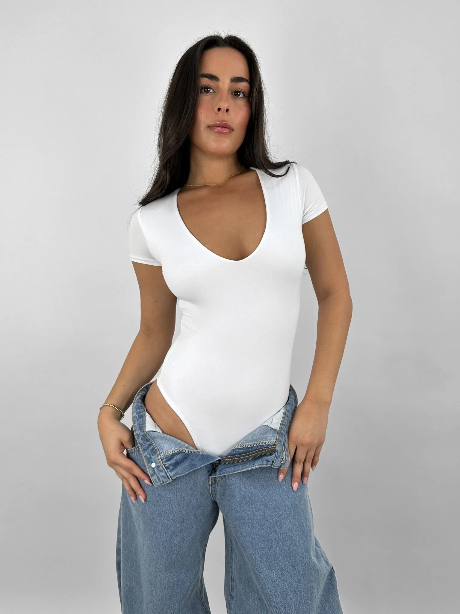 V Neck Cap Sleeve Bodysuit