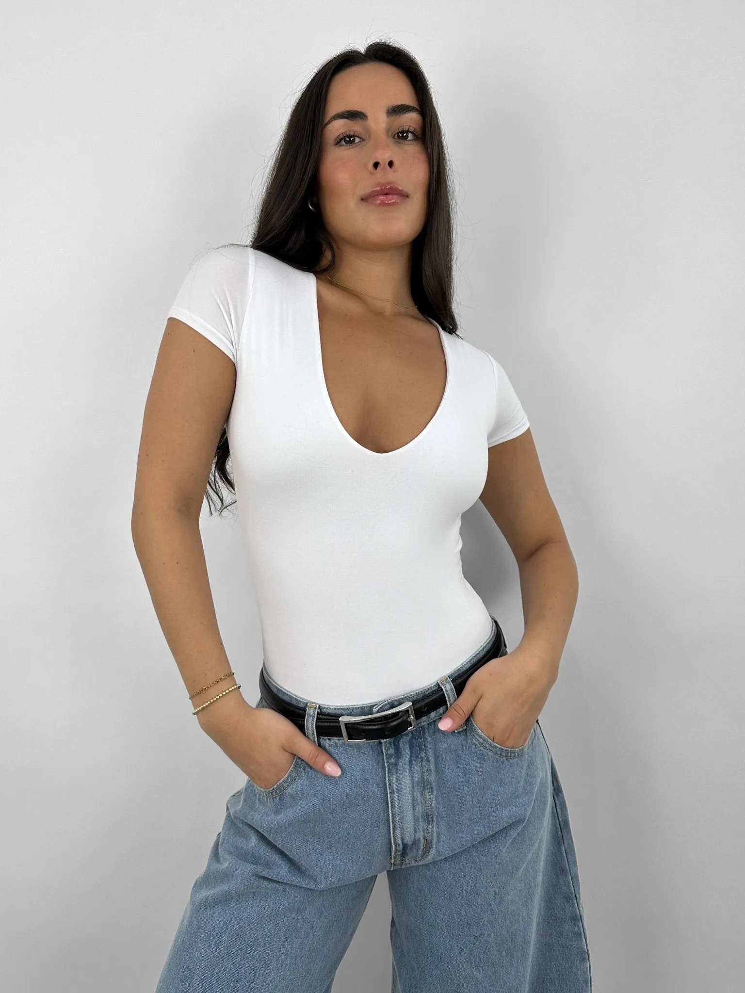 V Neck Cap Sleeve Bodysuit