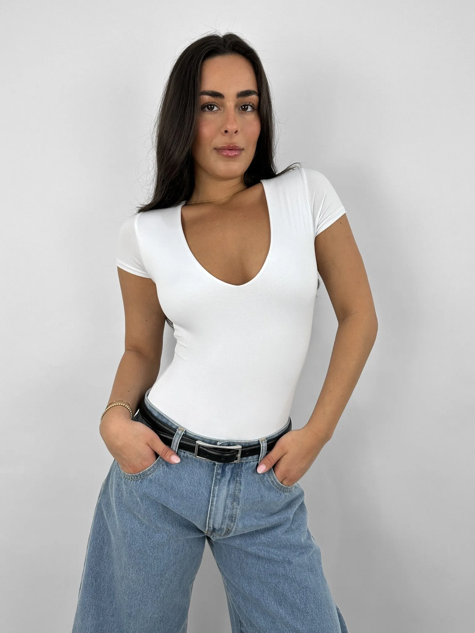 V Neck Cap Sleeve Bodysuit