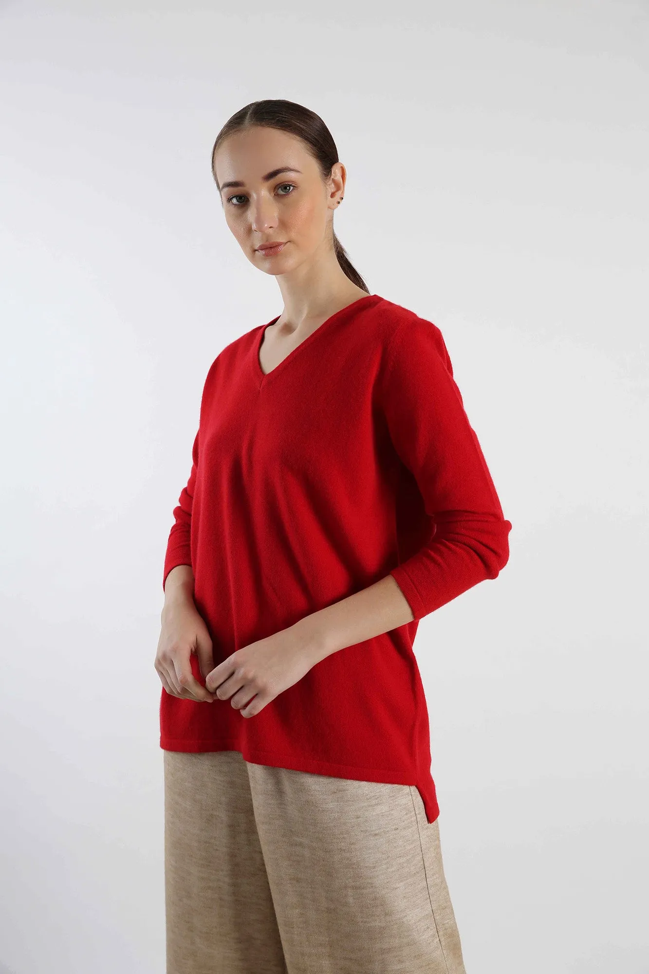 V Neck Pure Cashmere Sweater - Red