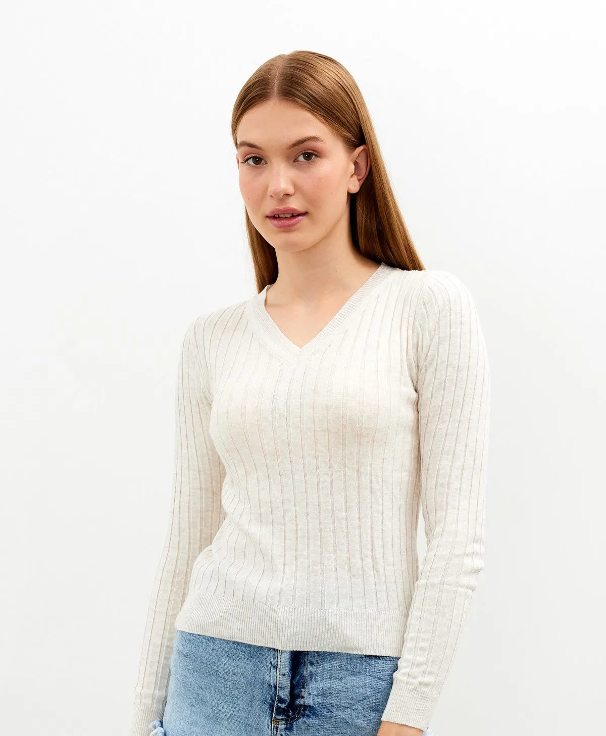 Vav Striped Crop Top Knitted Winter Sweater Beige