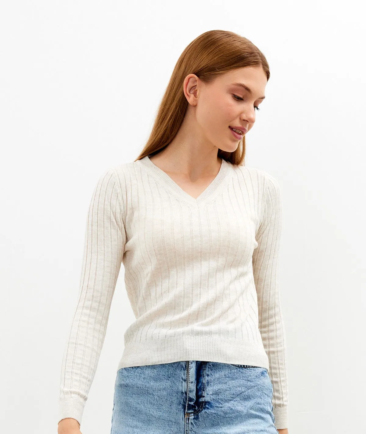 Vav Striped Crop Top Knitted Winter Sweater Beige