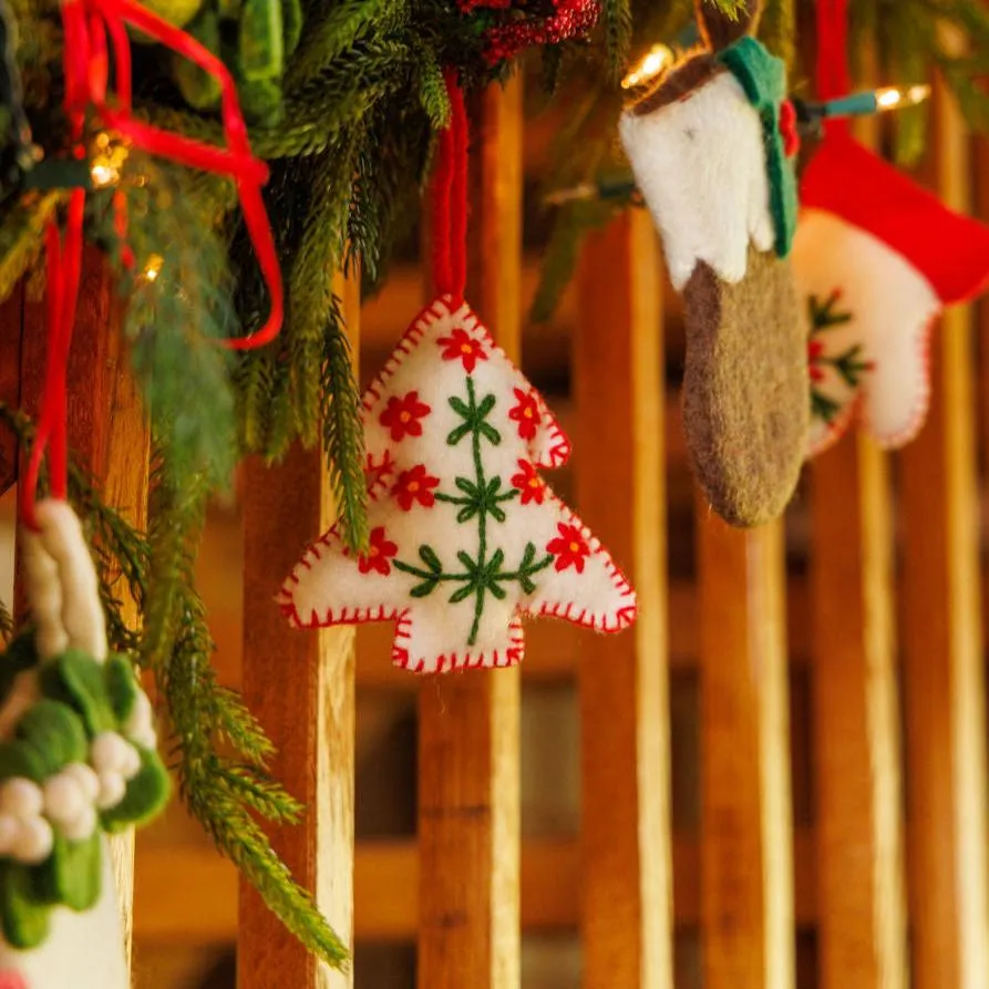 White Tree Embroidered Wool Ornament