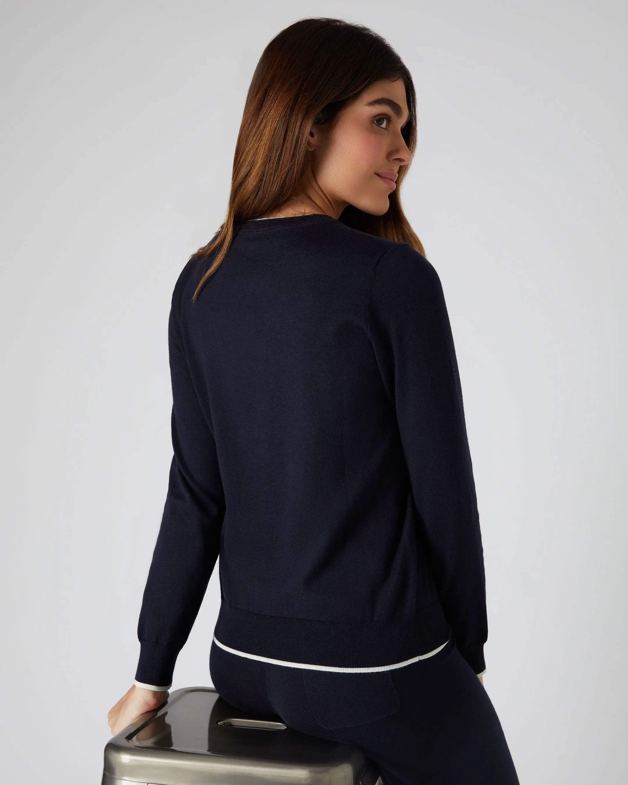 Women's Cotton Cashmere Round Neck Sweater Navy Blue